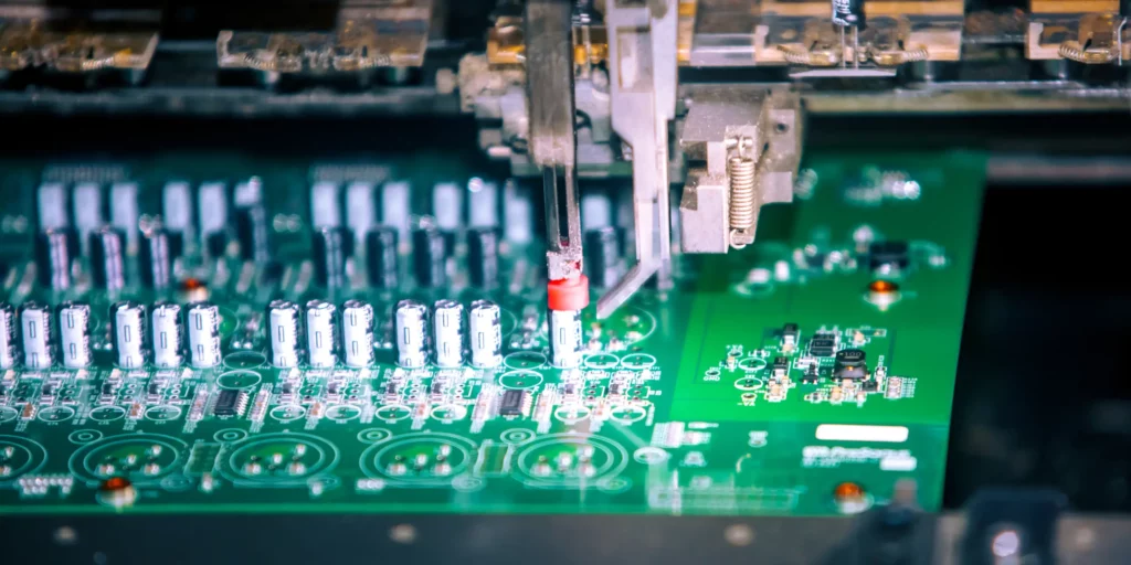 Close-up of a pick-and-place machine assembling electric components on a green circuit board.