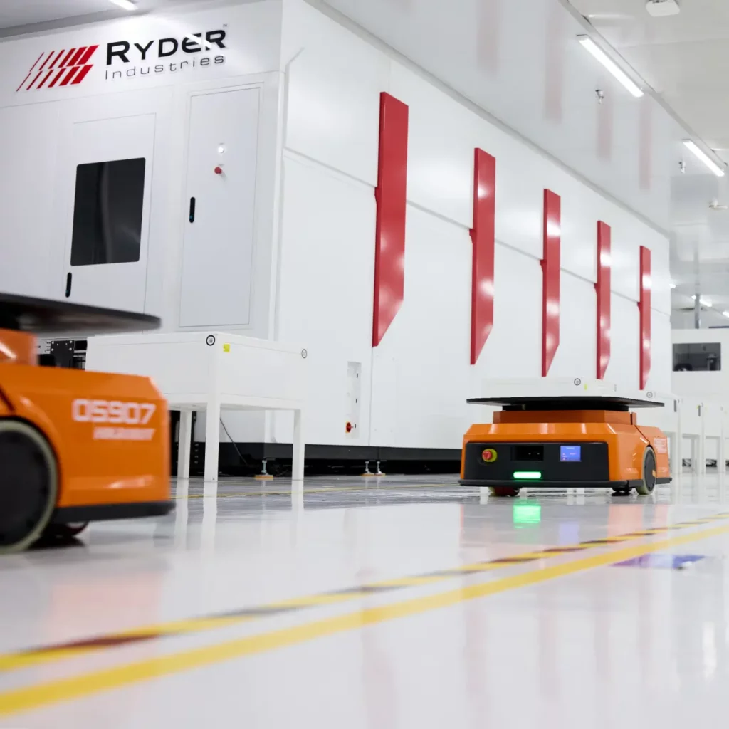 Automated Guided Vehicle operating on a warehouse floor.