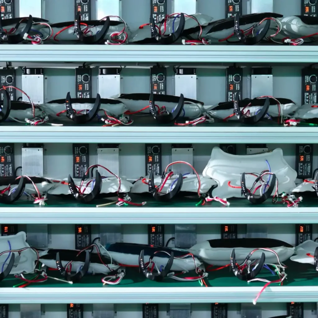 Batch burn-in aging test of wearable health devices on multi-tier test rack at Ryder Industries DQA Laboratory